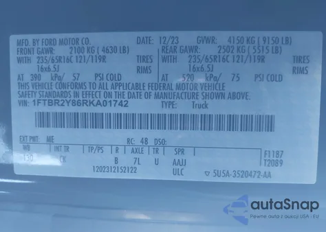 2024 Ford Transit-250 z USA, uszkodzony, nr VIN 1FTBR2Y86RKA01742